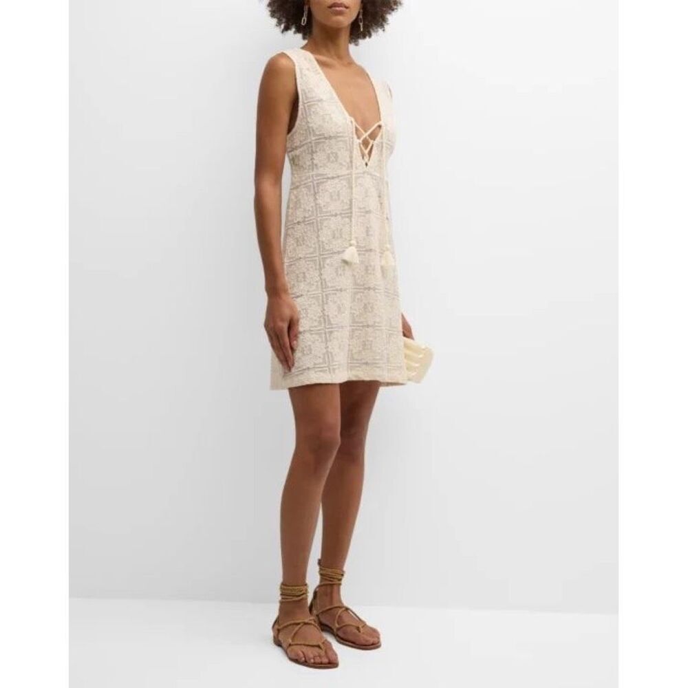 Honorine Gilda NWOT Cream Embroidered Lace Tassel V-Neck Boho Beach Dress Medium